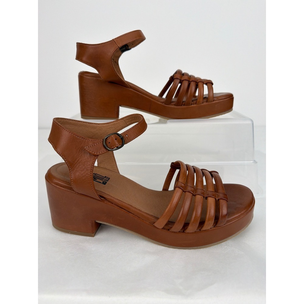 Miz Mooz Graciela Wide Sandals 39 8.5 Brown Leather Strappy Platform Block Heel